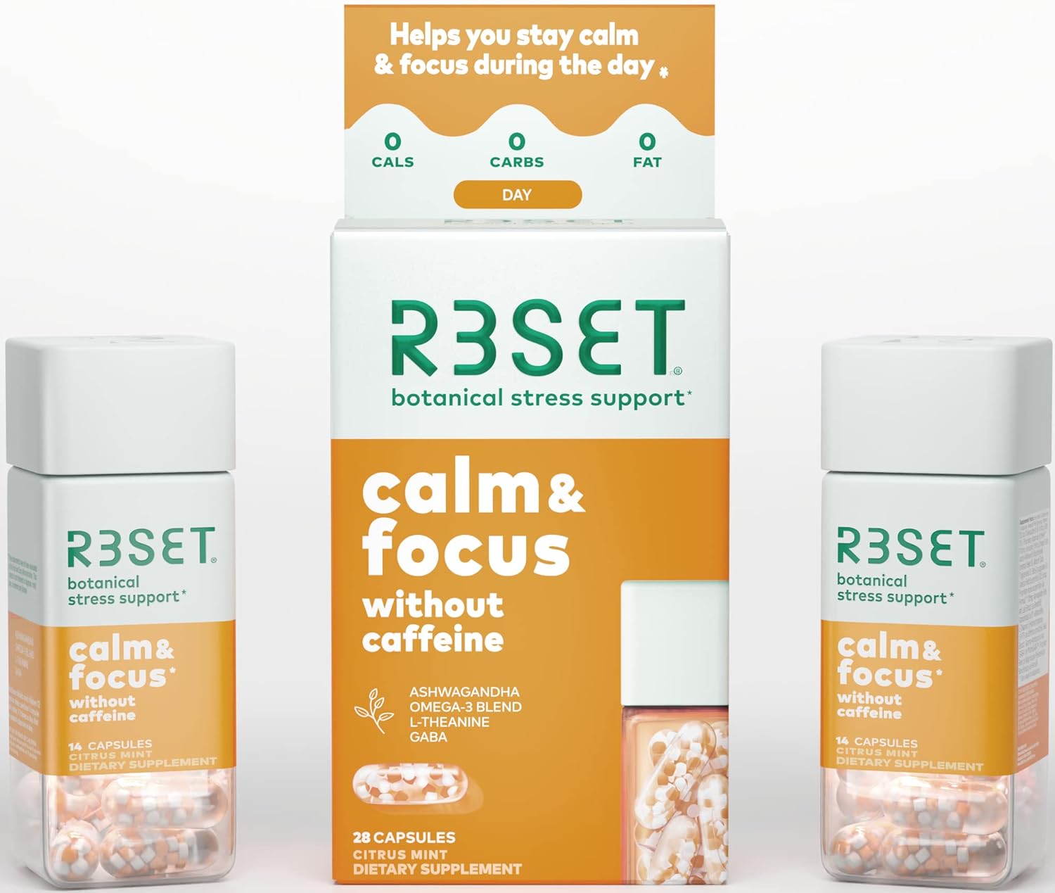 R3SET Calm Daytime Stress Relief & Focus Daily Supplement, Relaxation Support – with Ashwagandha, L-Theanine, Valerian Root, 5-HTP, GABA, Vitamin D3, 28 Botanical Capsules