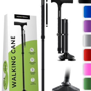 HONEYBULL Walking Cane for Men & Women - Foldable, Adjustable, Collapsible, Free Standing Cane, Pivot Tip, Heavy Duty, with Travel Bag | Walking Sticks, Folding Canes for Seniors & Adults