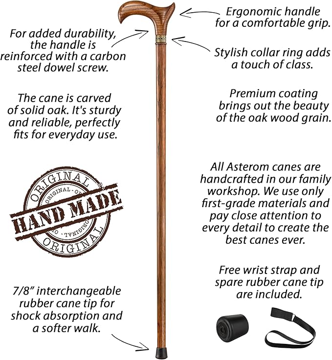 Asterom Walking Cane - Handmade, Ergonomic, Wooden - Canes for Men, Cane for Women - Walking Sticks for Seniors, Unique, Wood - Image 3