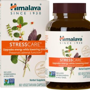 Himalaya StressCare Herbal Supplement, Supports Stress Relief, Energy Support, Relaxation, Occasional Sleeplessness, Ashwagandha, Holy Basil/Tulsi, Gotu Kola, Non-GMO, Vegetarian, 60 Capsules