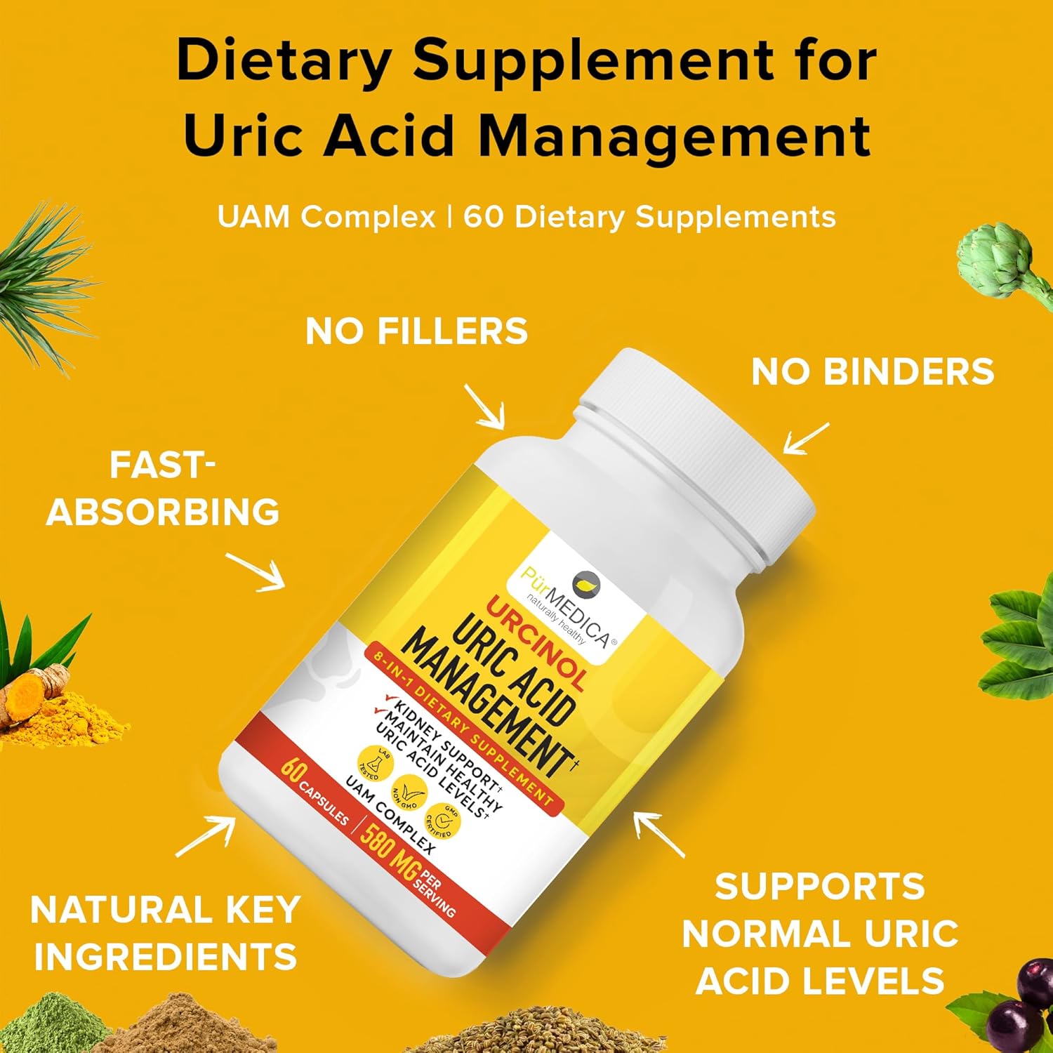 Urcinol Uric Acid Supplement for Joint Support - 60ct (Pack of 1) - Uric Acid Support Formula with Turmeric Root, Acai, Banaba Leaf, Celery Seed, Yucca Stalk - Image 4