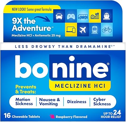 Non-Drowsy Bonine for Motion Sickness Relief, Sea Sickness, Car Sickness, Nausea, & Vomiting - Meclizine HCI 25mg, Travel-Sized - 16ct Raspberry Chewable Tablets (Packaging May Vary)