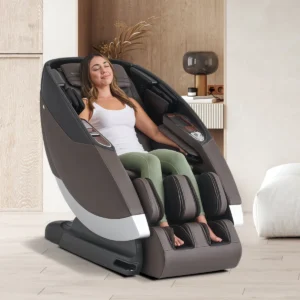Human Touch Super Novo 2.0 zero gravity massage chair reclined in a living room, side view