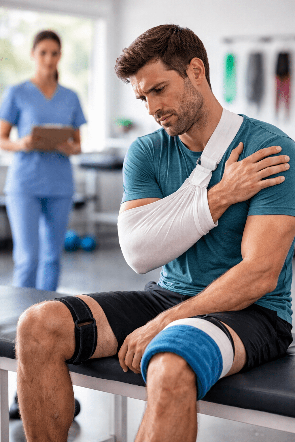 Person recovering from sports injury or post-surgical pain with support and rehabilitation