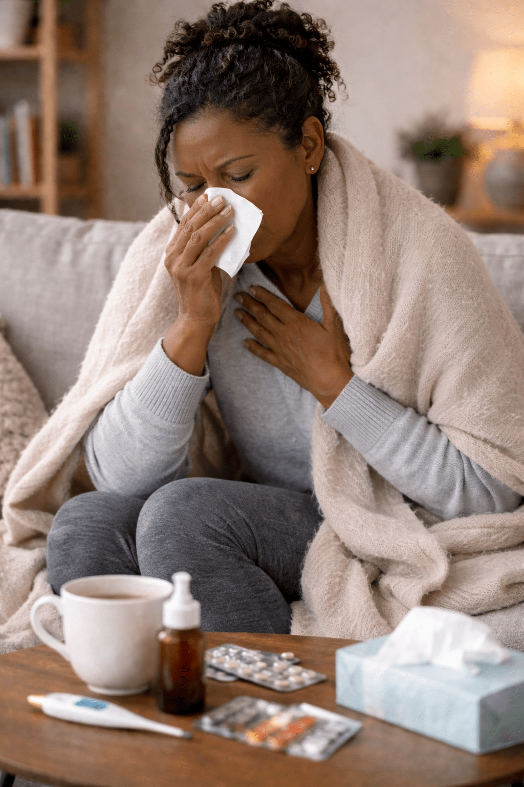 Person experiencing cold, flu, infection and respiratory discomfort