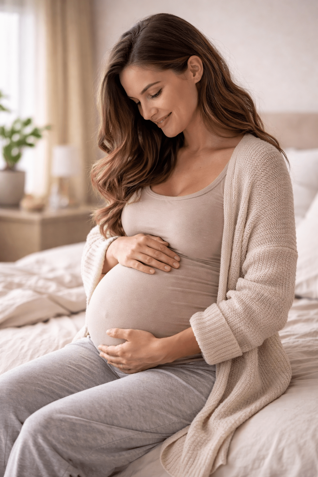 Woman during pregnancy and postpartum recovery experiencing physical and hormonal changes