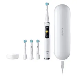 Oral-B iO Series 9 electric toothbrush in White Alabaster with charger, 3 round brush heads and charging travel case