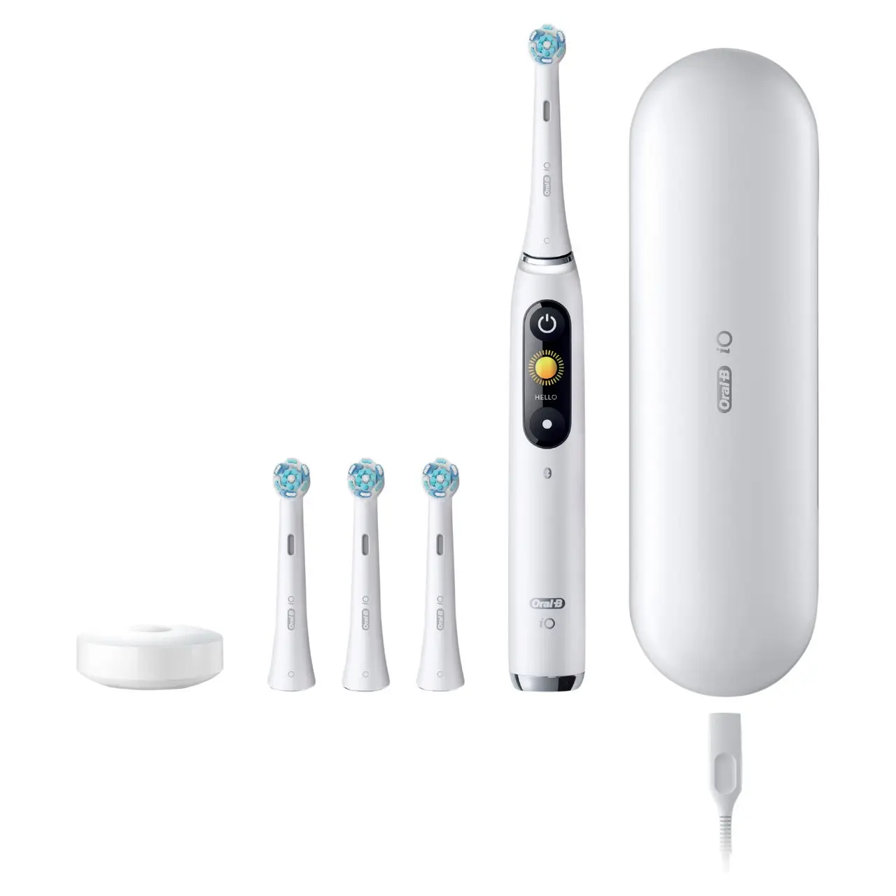 Oral-B iO Series 9 electric toothbrush in White Alabaster with charger, 3 round brush heads and charging travel case