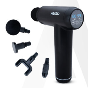 AGARO Imperial handheld deep tissue massage gun shown with four interchangeable attachment heads — view 1
