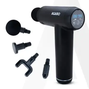 AGARO Imperial handheld deep tissue massage gun shown with four interchangeable attachment heads — view 1