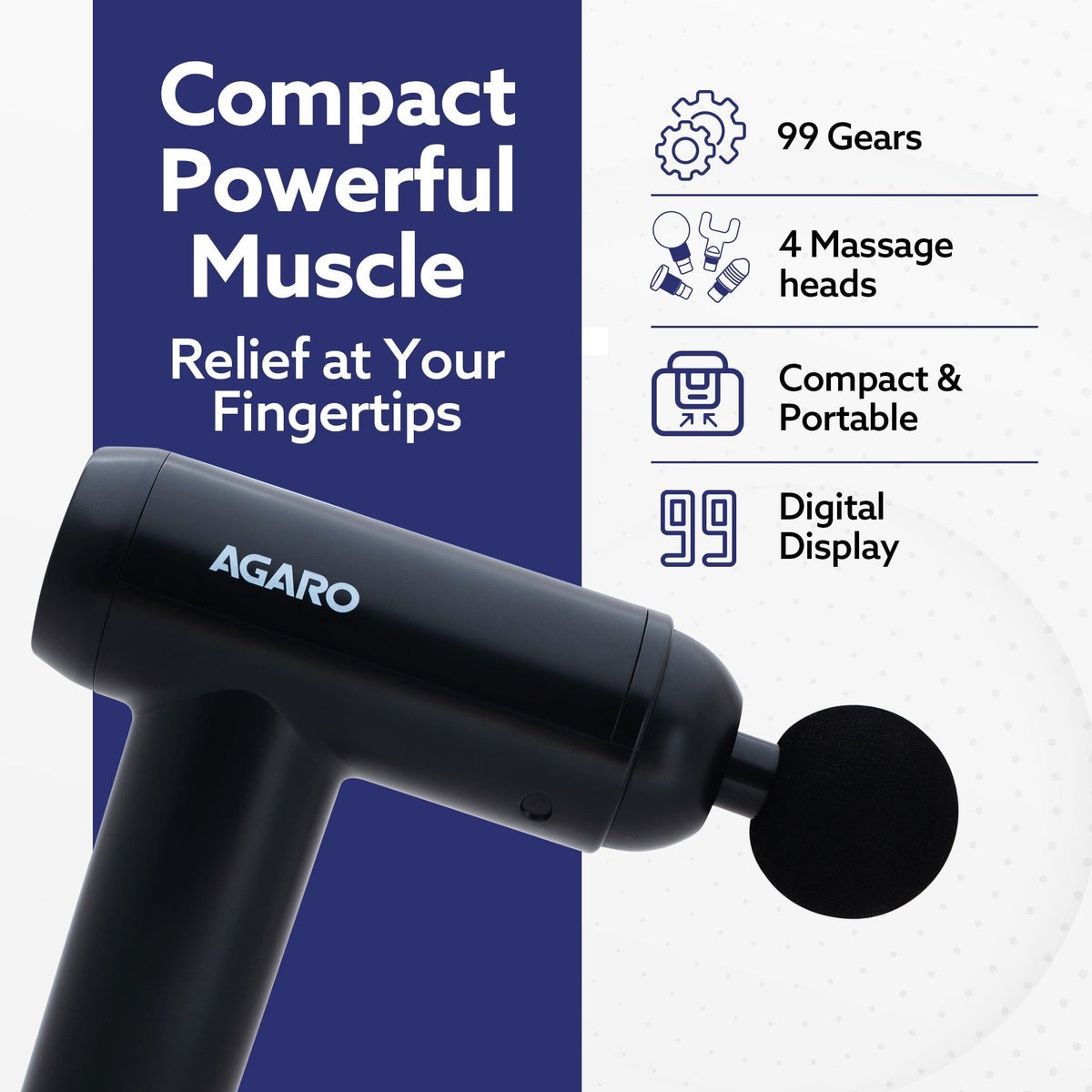 AGARO Imperial handheld deep tissue massage gun shown with four interchangeable attachment heads — view 2