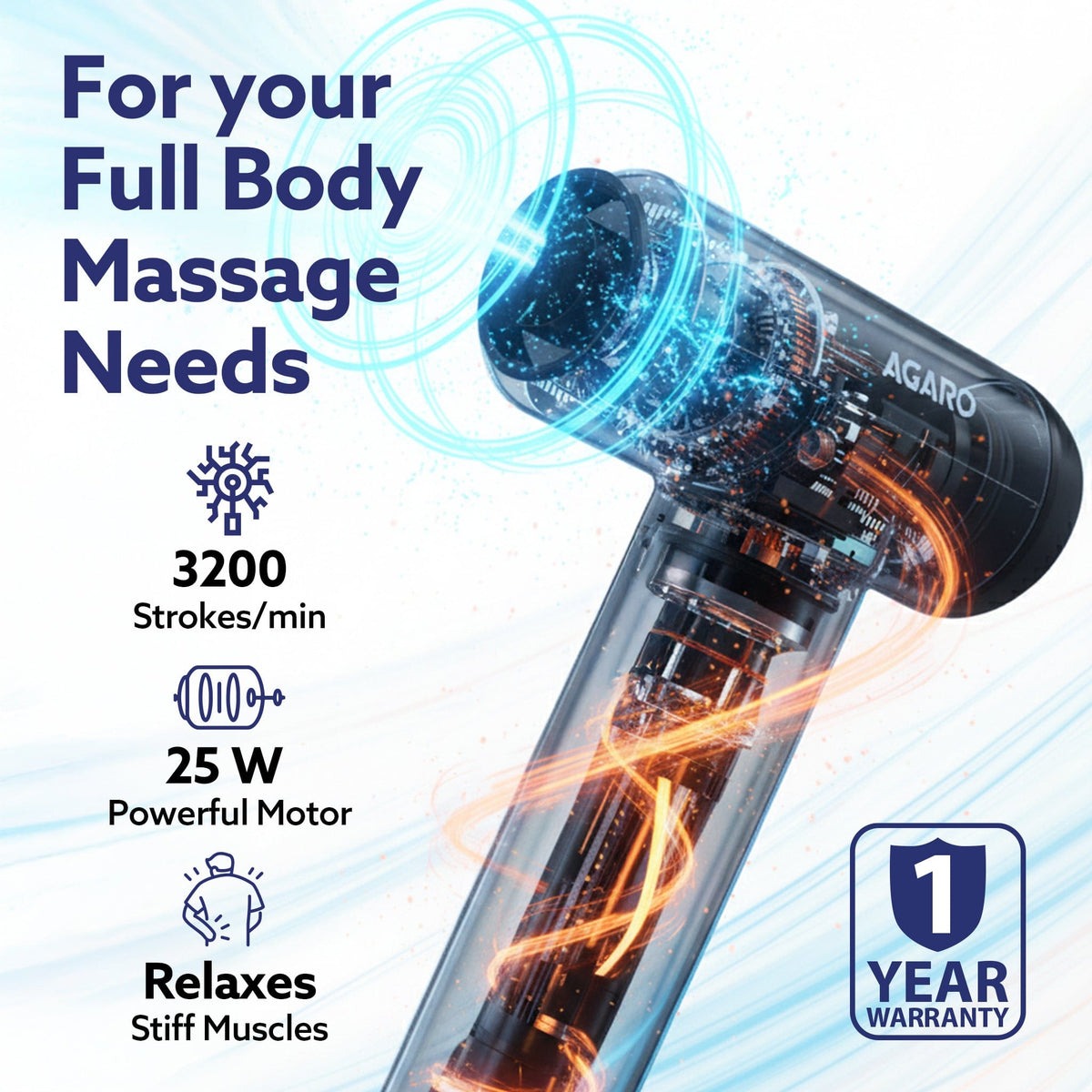 AGARO Imperial handheld deep tissue massage gun shown with four interchangeable attachment heads — view 5