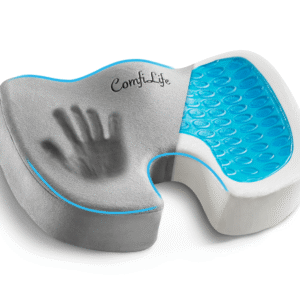 ComfiLife Gel Enhanced Seat Cushion in Gray showing the U-shaped cut-out and blue gel top