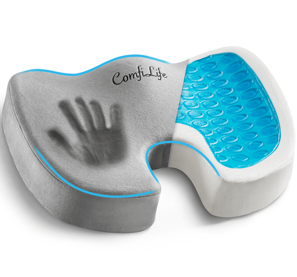 ComfiLife Gel Enhanced Seat Cushion in Gray showing the U-shaped cut-out and blue gel top