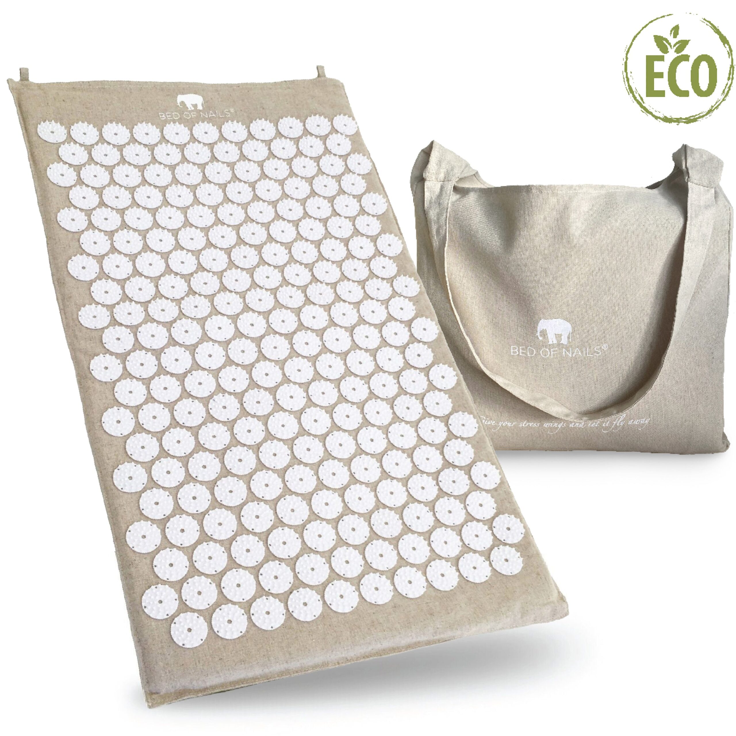 Bed of Nails ECO acupressure mat with organic linen cover and rows of white spike discs