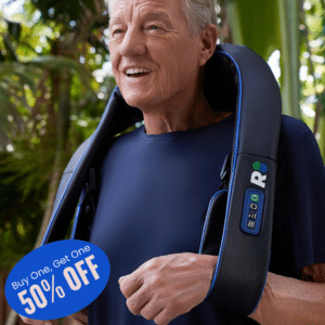 REATHLETE NECKA shiatsu neck massager draped over a person's shoulders