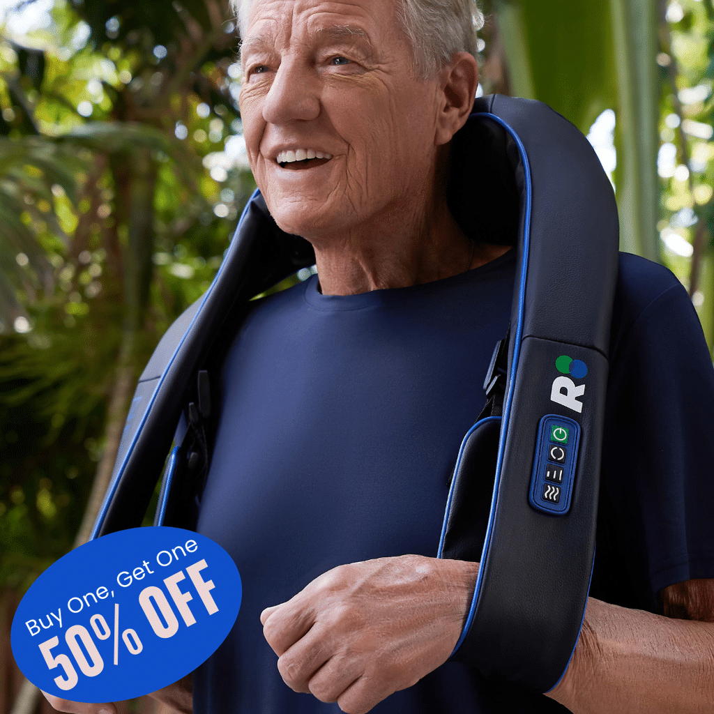 REATHLETE NECKA shiatsu neck massager draped over a person's shoulders