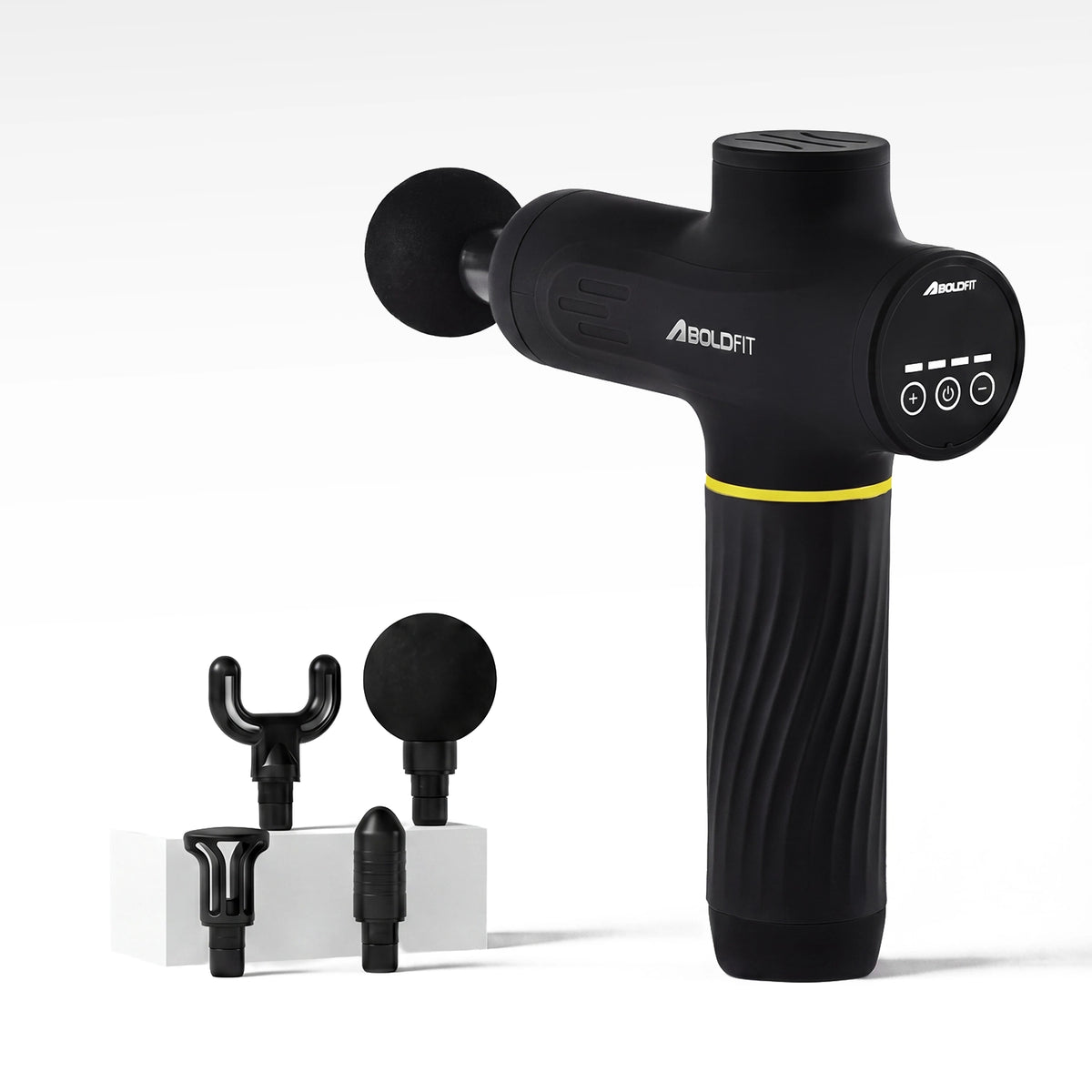 Boldfit BoldGun Turbo percussion massage gun with digital display and head attachments