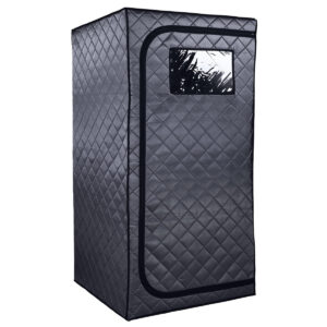 Durasage full size portable infrared sauna set up at home with the front panel open