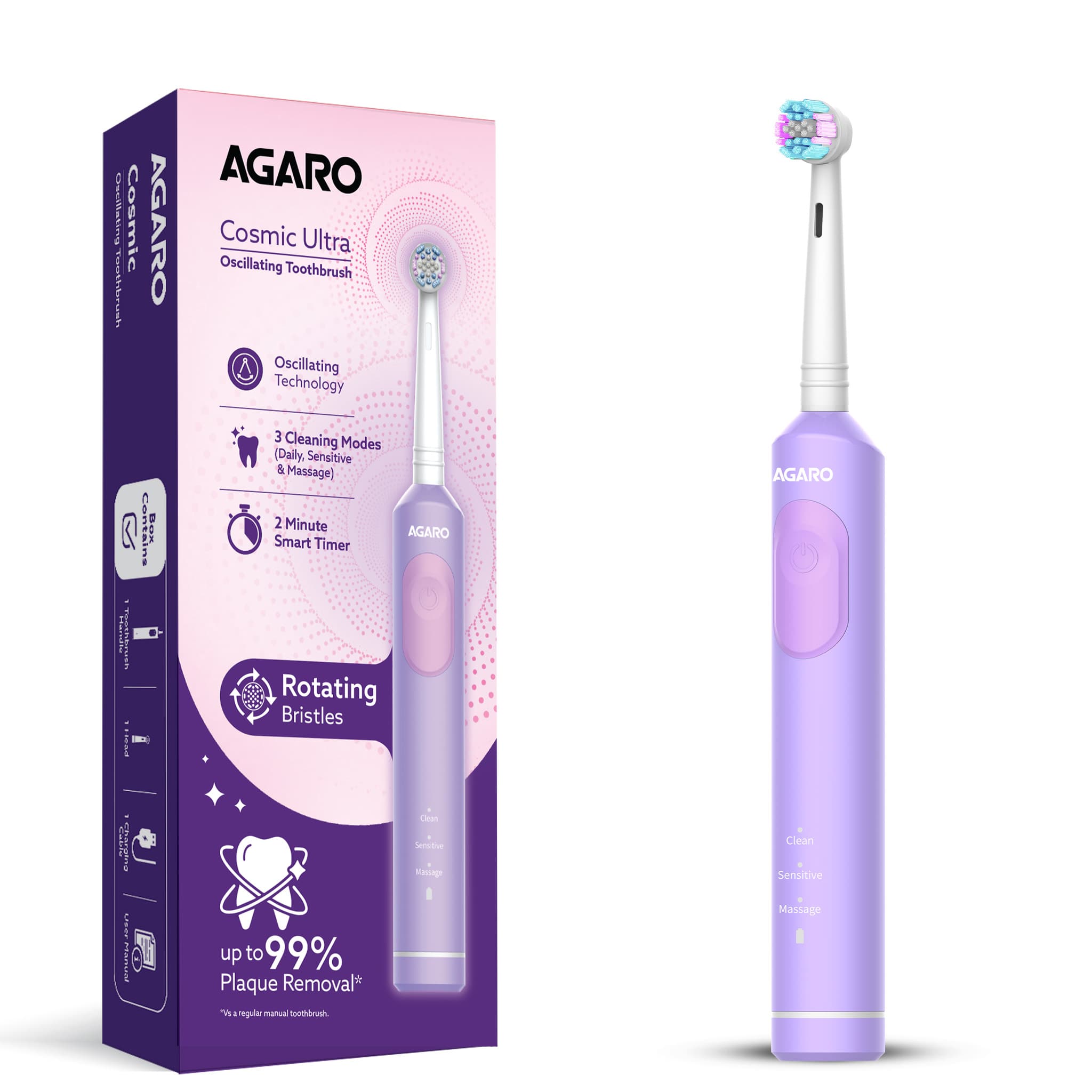 AGARO Cosmic Ultra oscillating toothbrush in lavender with its box