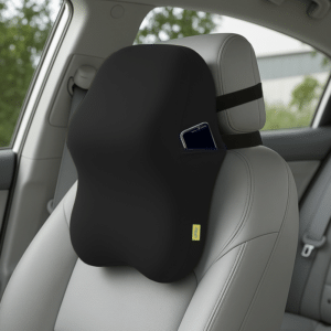 SleepyCat Pro memory foam car neck pillow with adjustable straps fitted to a car seat headrest