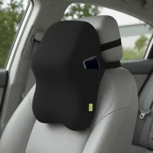SleepyCat Pro memory foam car neck pillow with adjustable straps fitted to a car seat headrest