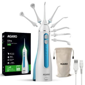 AGARO Ultra Plus water flosser with its box, eight nozzles, storage pouch and USB cable