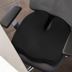 Sleepycat Pro Seat Cushion in black on an office chair, showing the rear U-shaped cut-out