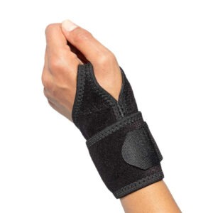 BioSkin Boomerang adjustable wrist wrap fastened around a person's wrist and hand