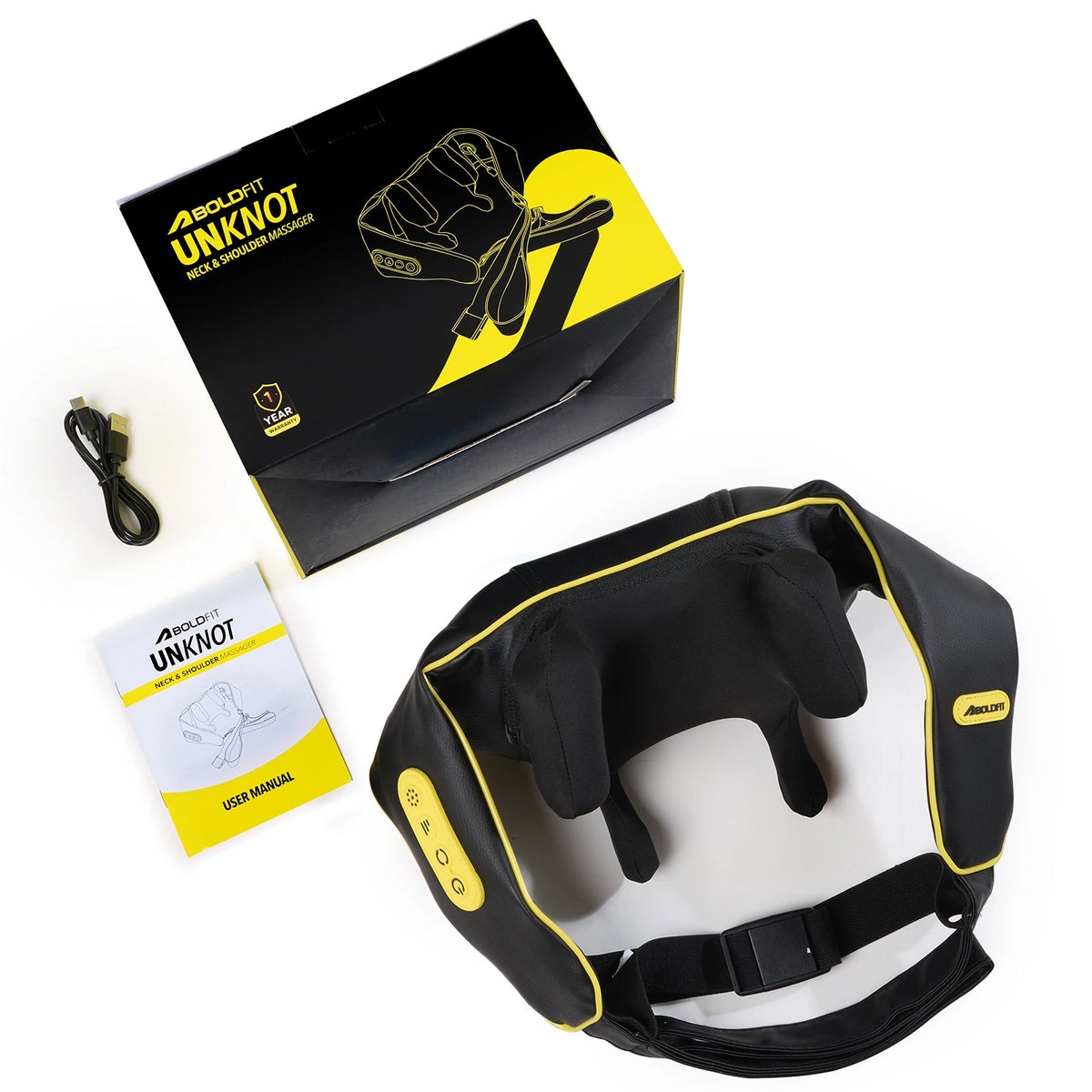 Boldfit UnKnot neck and shoulder massager being used across the upper back and shoulders — view 3