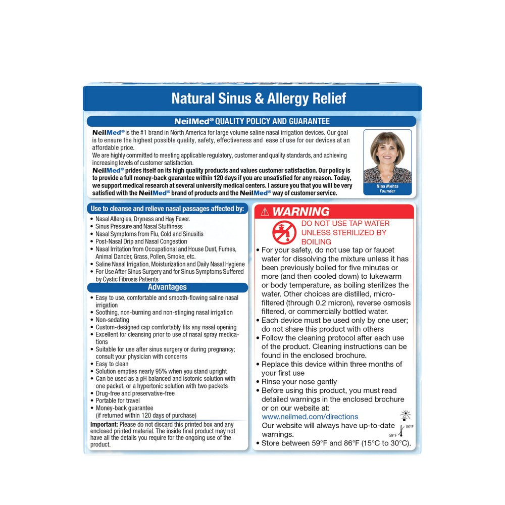 NeilMed Sinus Rinse Kit box back panel with the water warning and directions