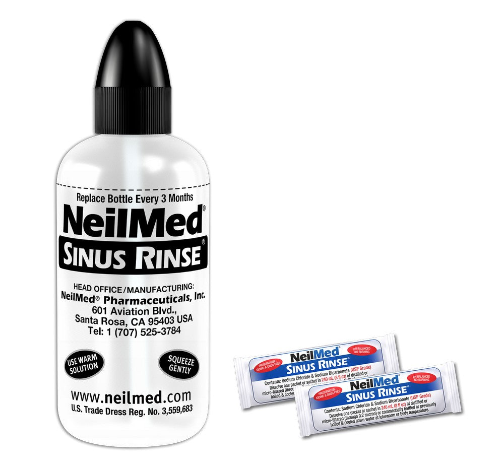 NeilMed Sinus Rinse squeeze bottle with two premixed saline packets