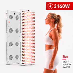 iReliev 2160W full body red light therapy panel standing upright with near infrared LEDs lit