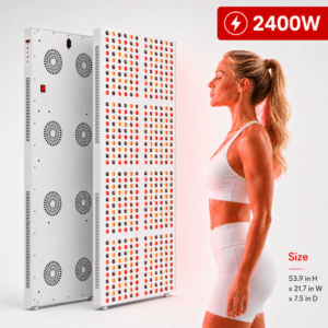 iReliev 2400W red light therapy panel standing upright for full-body use