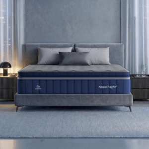 SweetNight CoolNest cooling hybrid mattress with pillow top shown on a bed frame