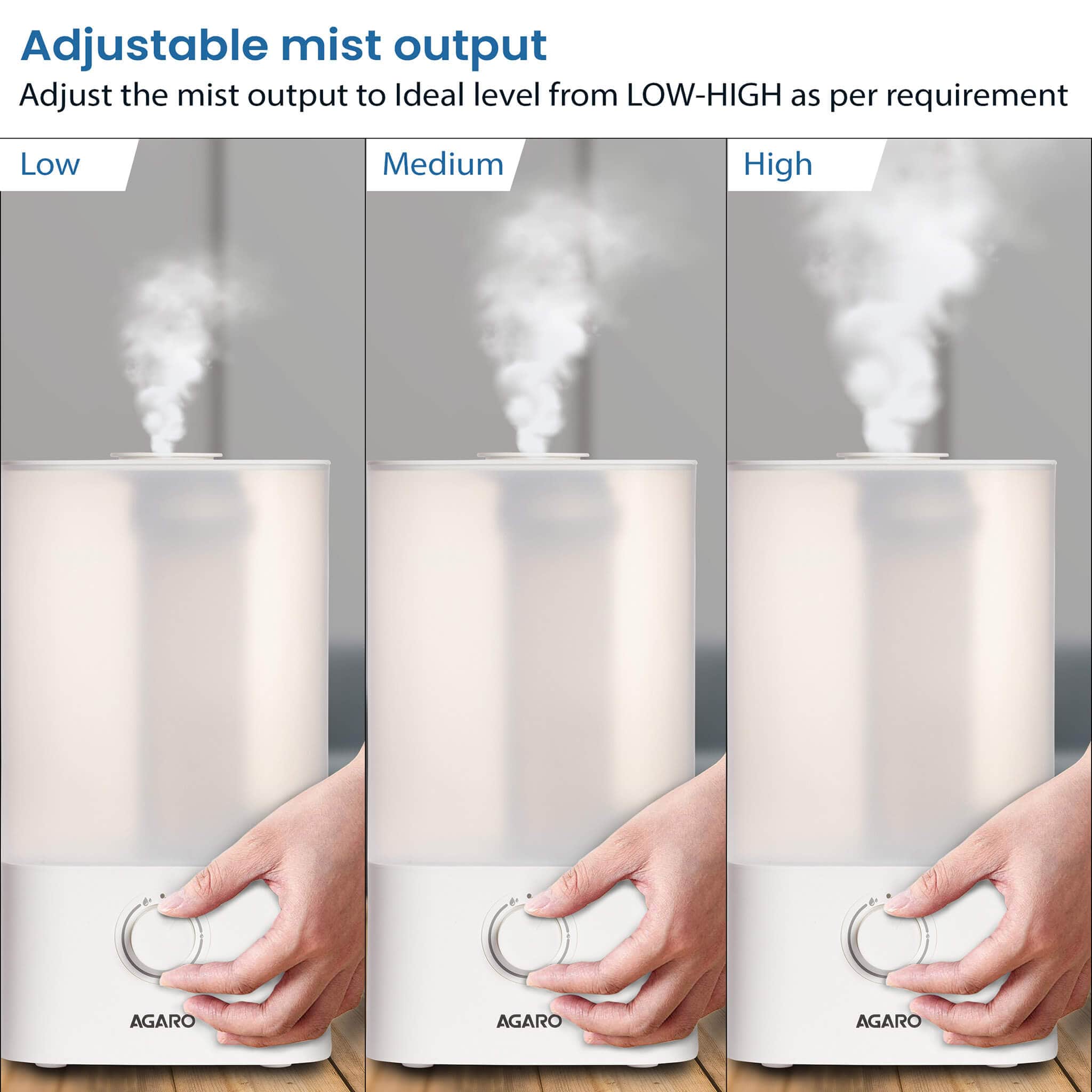 Hand turning the dial of the AGARO Breeze humidifier between low, medium and high mist