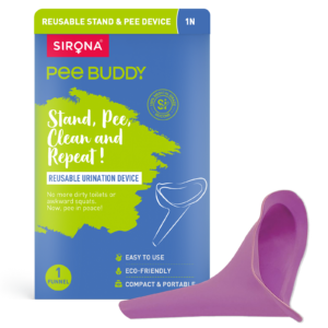 PeeBuddy reusable urination device box with the purple silicone funnel in front