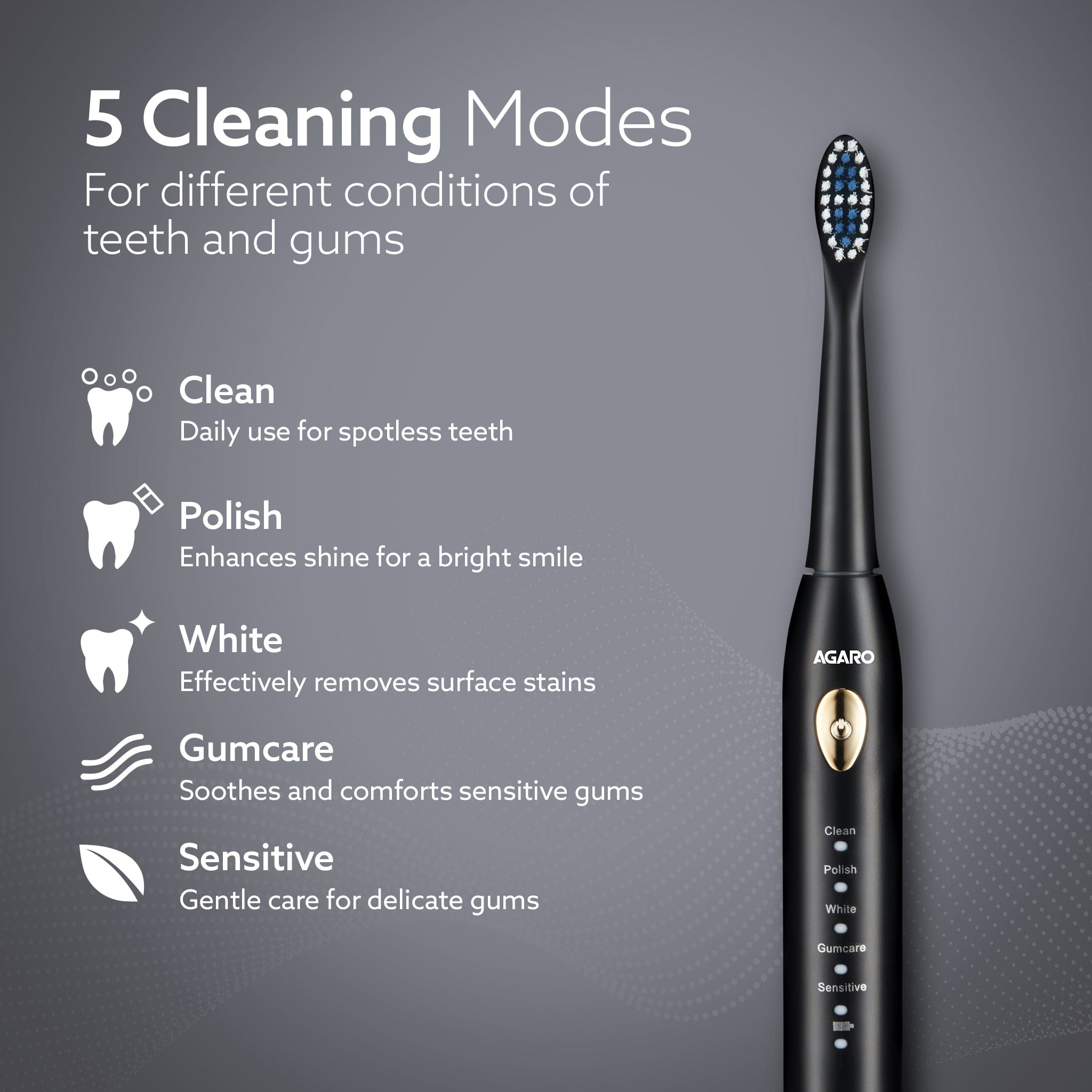 The five modes of the AGARO Cosmic Lite: Clean, Polish, White, Gumcare and Sensitive