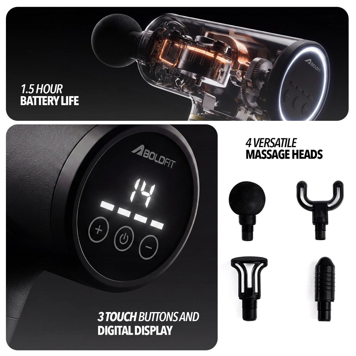 Boldfit BoldGun Turbo percussion massage gun with digital display and head attachments — view 4