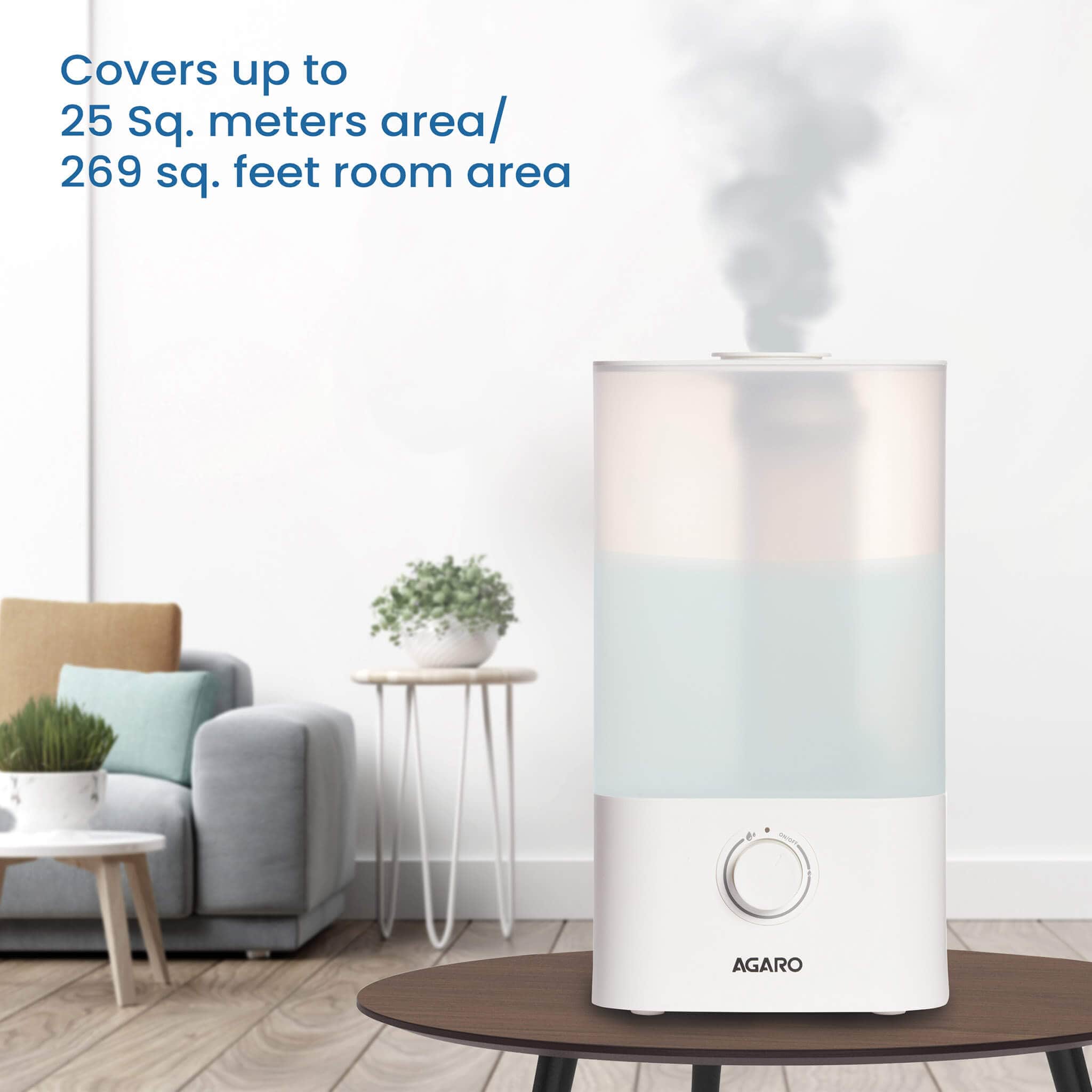 AGARO Breeze humidifier on a side table in a living room, rated for rooms up to 25 sq m