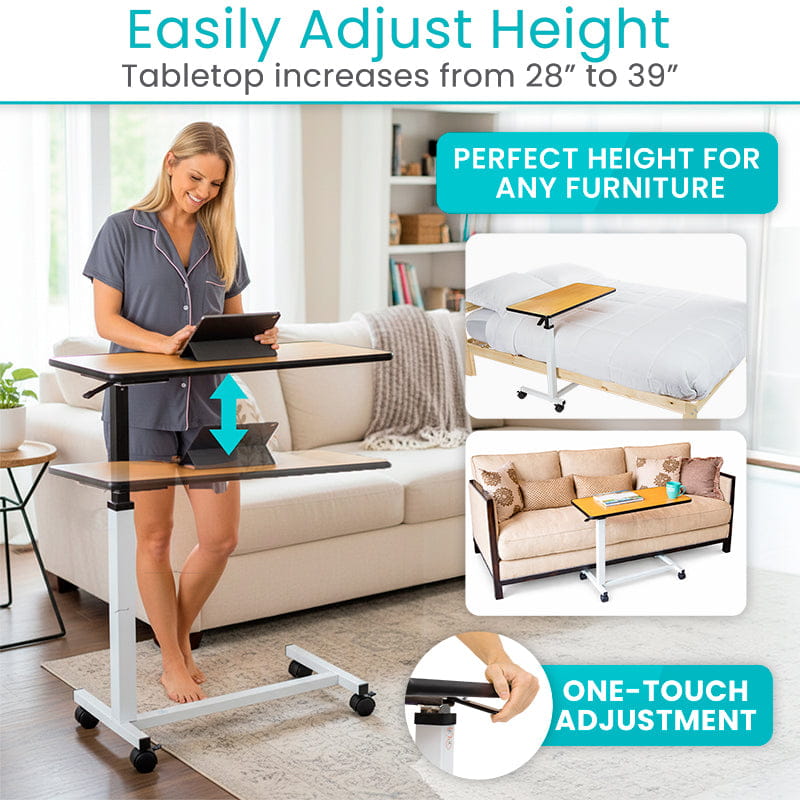 Vive overbed table height adjustment from 28 to 39 in, shown at a sofa and a bed