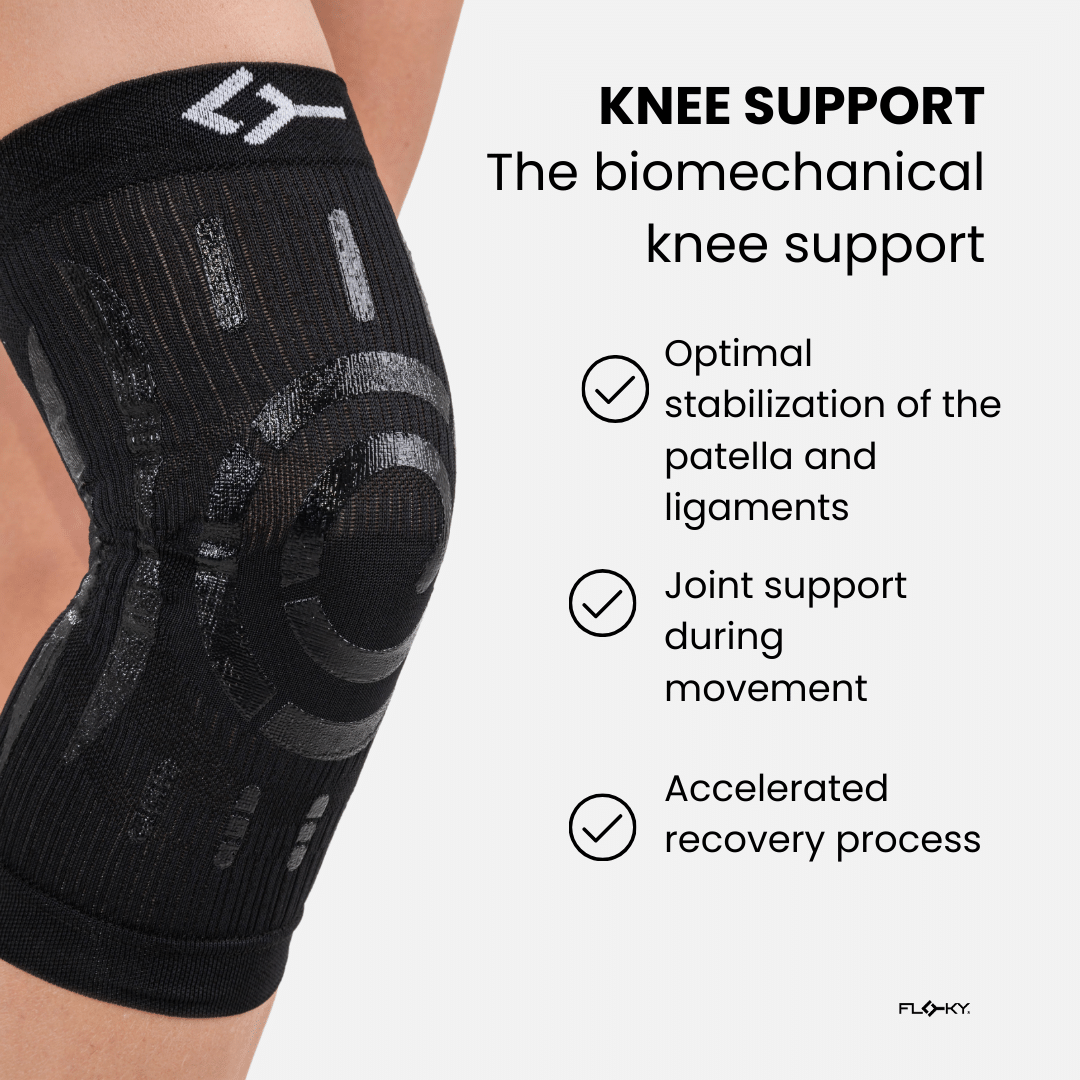 Black Floky compression knee brace in size L-XL for the right knee, shown flat with silicone support bands — view 5