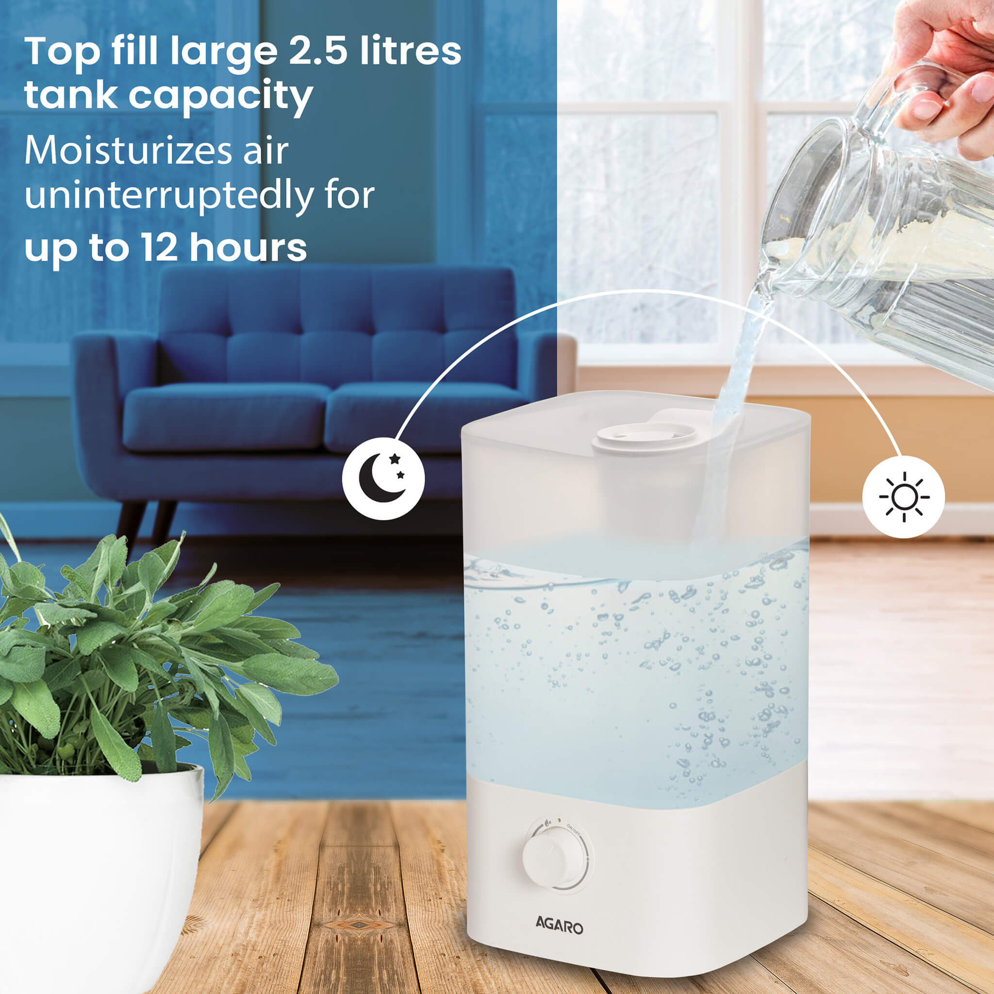 Water being poured into the top-fill 2.5 litre tank of the AGARO Breeze humidifier