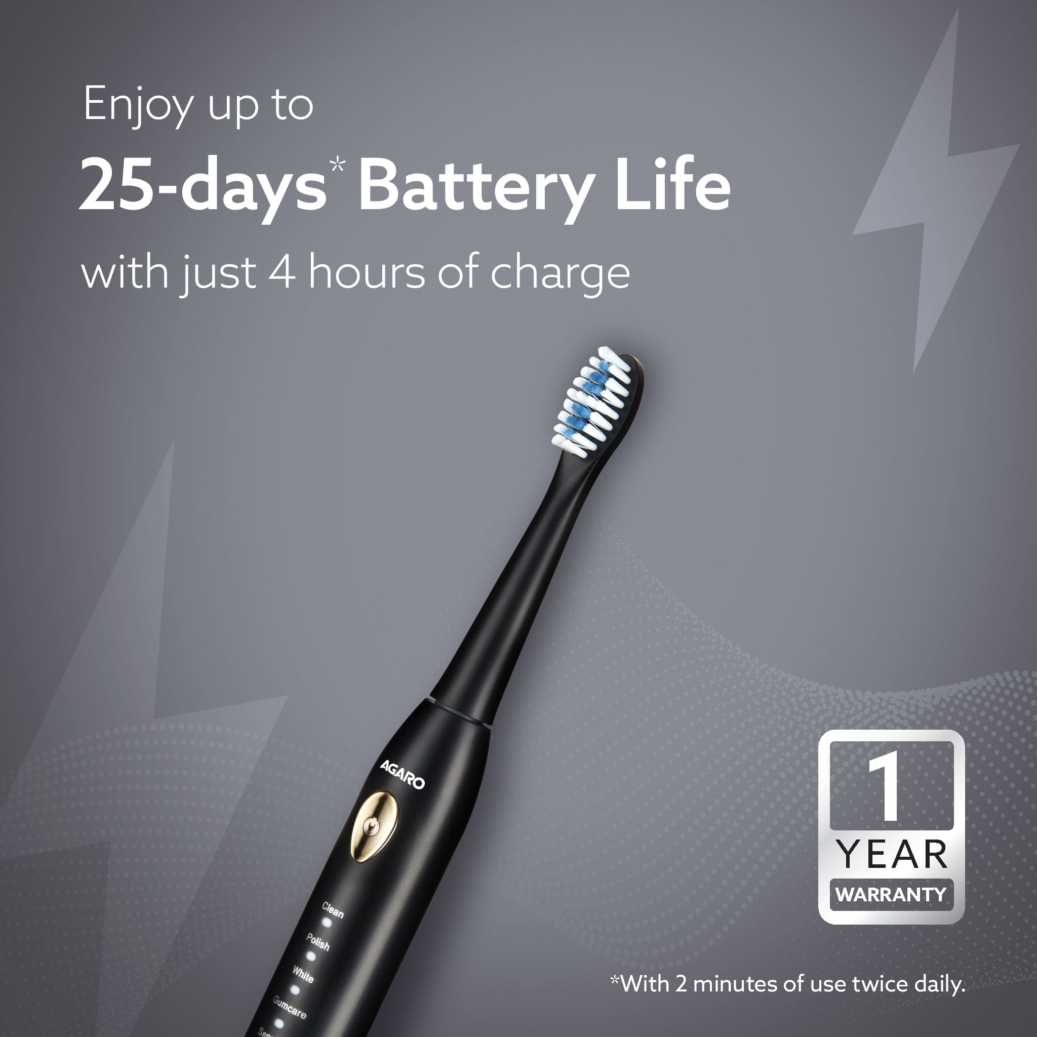 AGARO Cosmic Lite brush head; up to 25 days battery life per 4-hour charge and 1-year warranty
