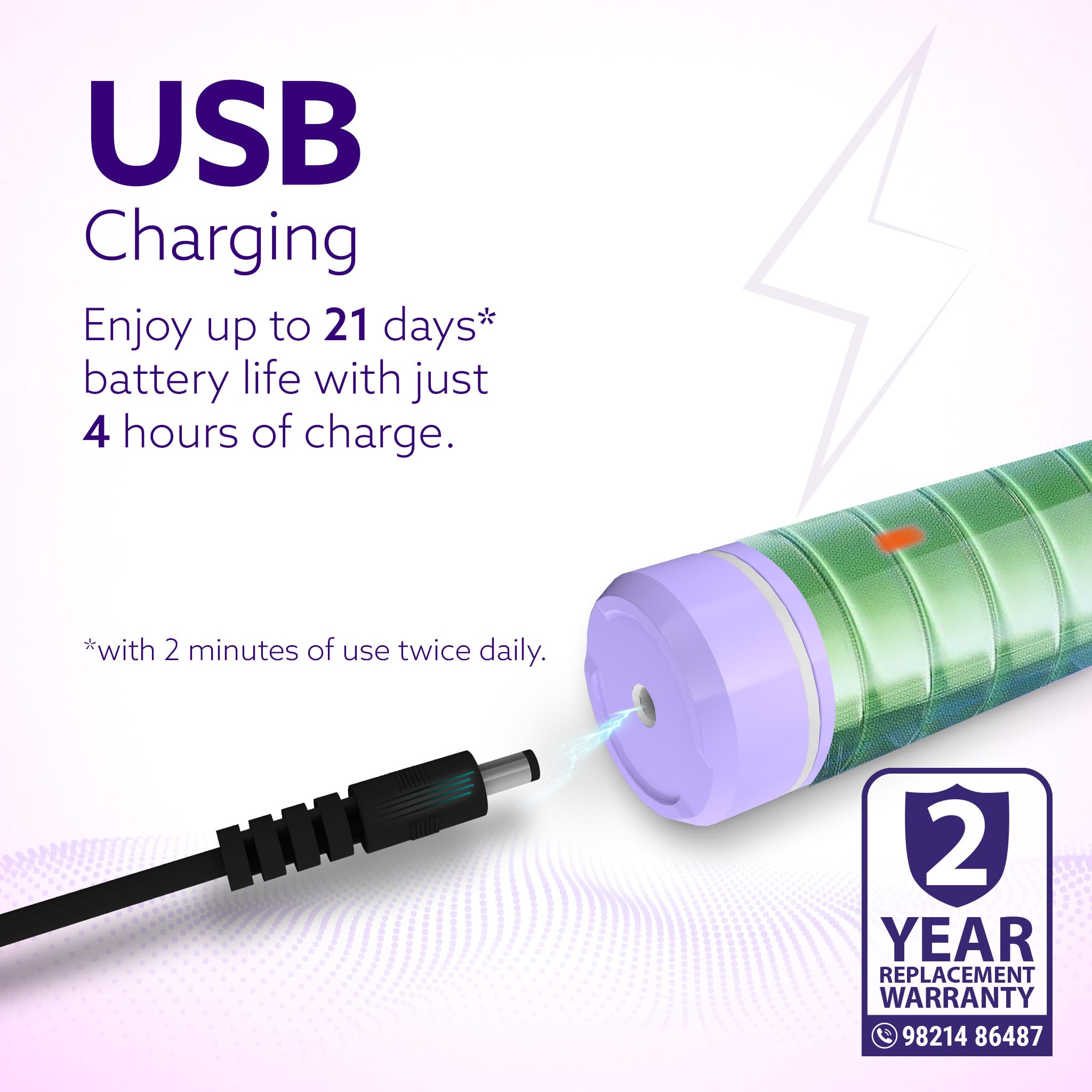 AGARO Cosmic Ultra USB charging port; up to 21 days per 4-hour charge and 2-year replacement warranty