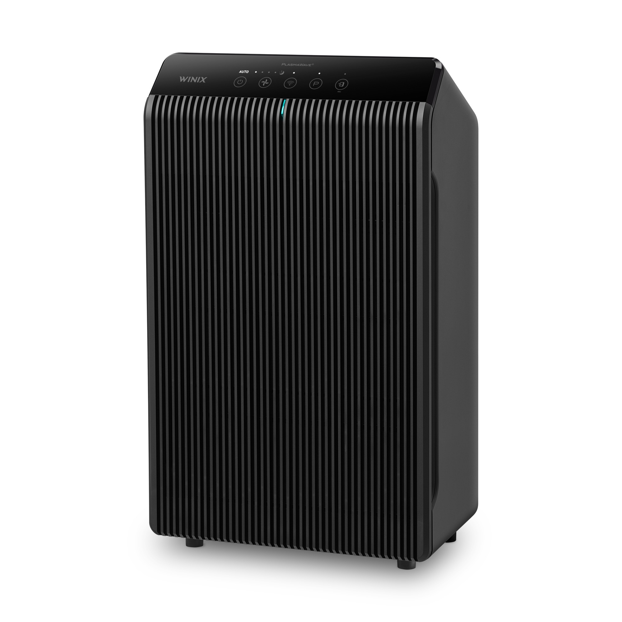 Winix 5510 air purifier, dark tower with vertical-ribbed front panel, angled view