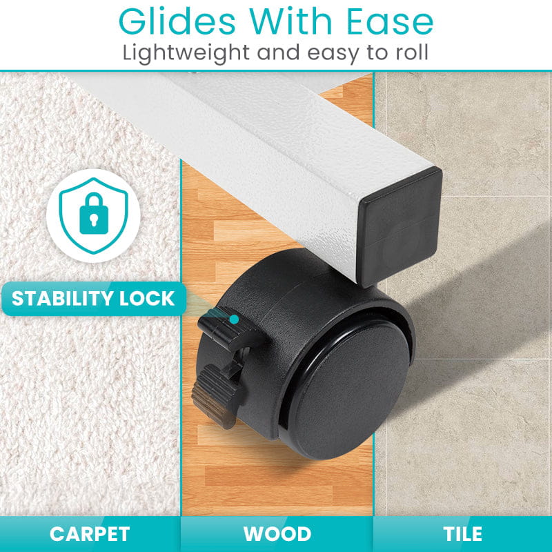 Close-up of a locking swivel castor on the Vive overbed table base
