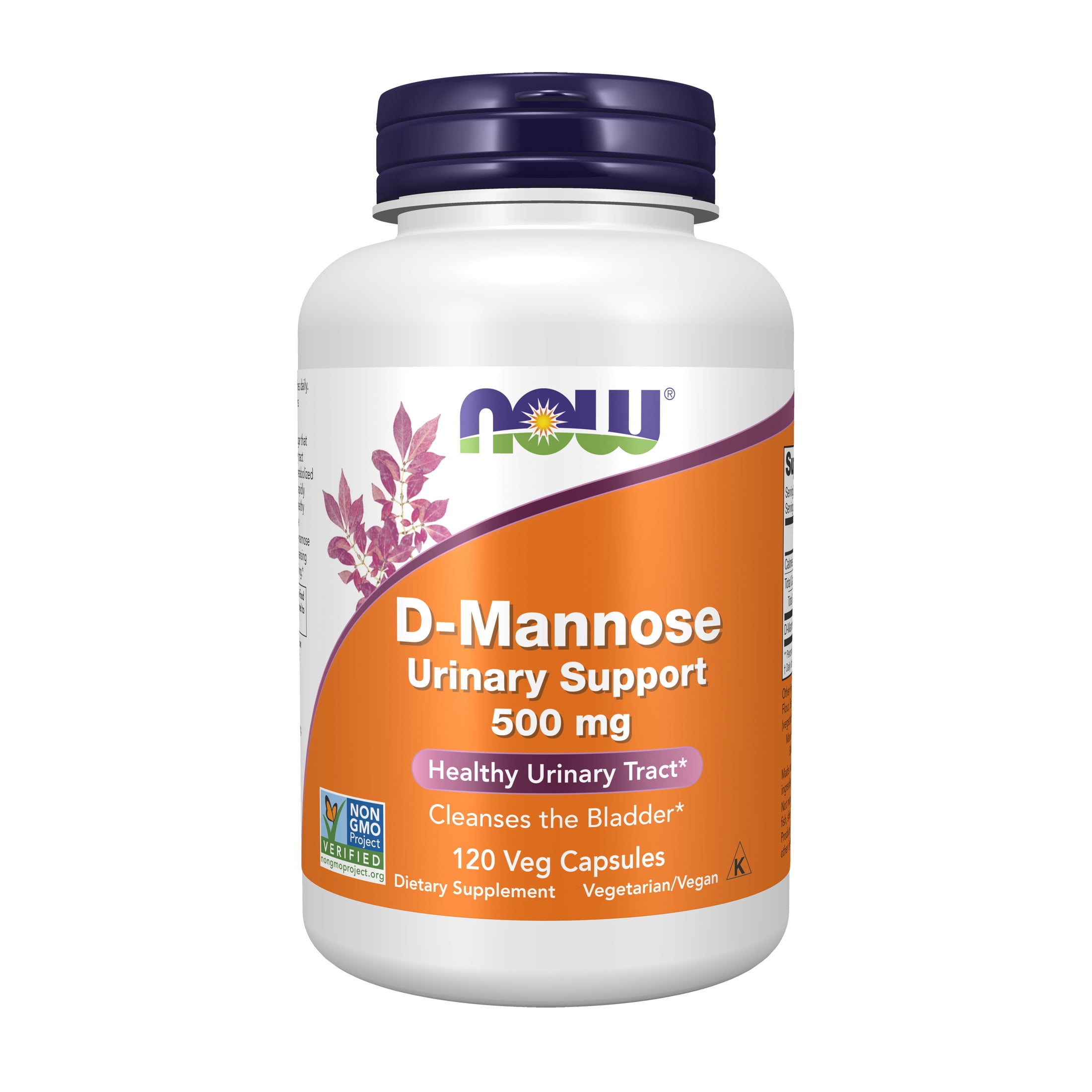 NOW D-Mannose 500 mg bottle, 120 veg capsules, front