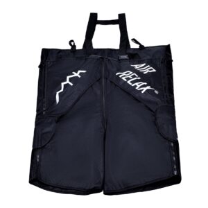 Air Relax Pro AR-4.0 compression shorts, black, laid flat with shoulder straps and the white Air Relax logo