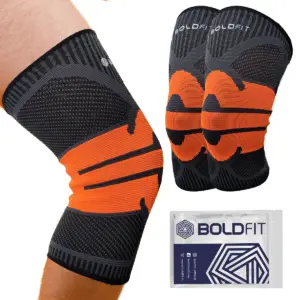 Pair of Boldfit knee support braces compression sleeves worn on the leg